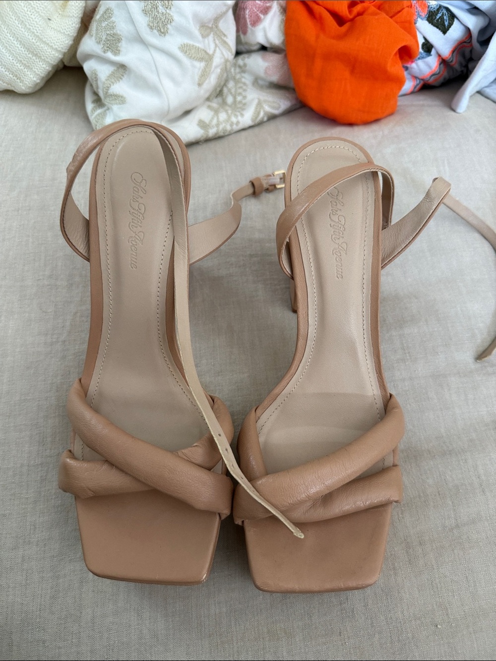 Saks Fifth Avenue Nude Strappy Square-Toe Block Heels